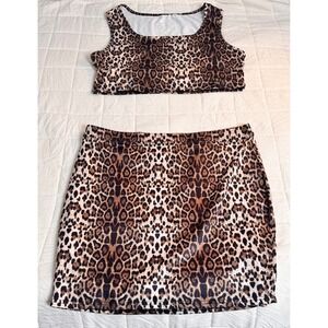 SHEIN CURVE Leopard Print Tank Crop Top & Mini Skirt Set 3XL Stretch